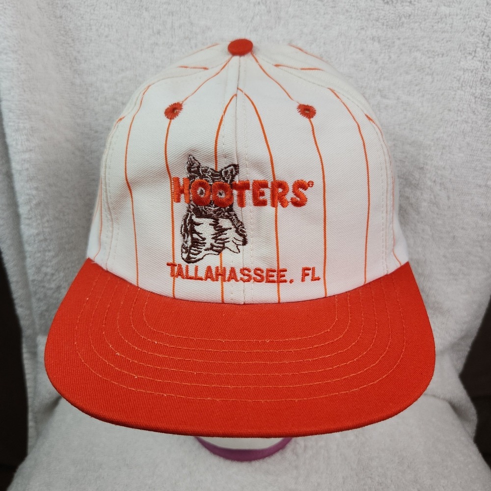 VTG Hooters Tallahassee FL Hat Snapback White Orange Pinstripes 90s USA Made